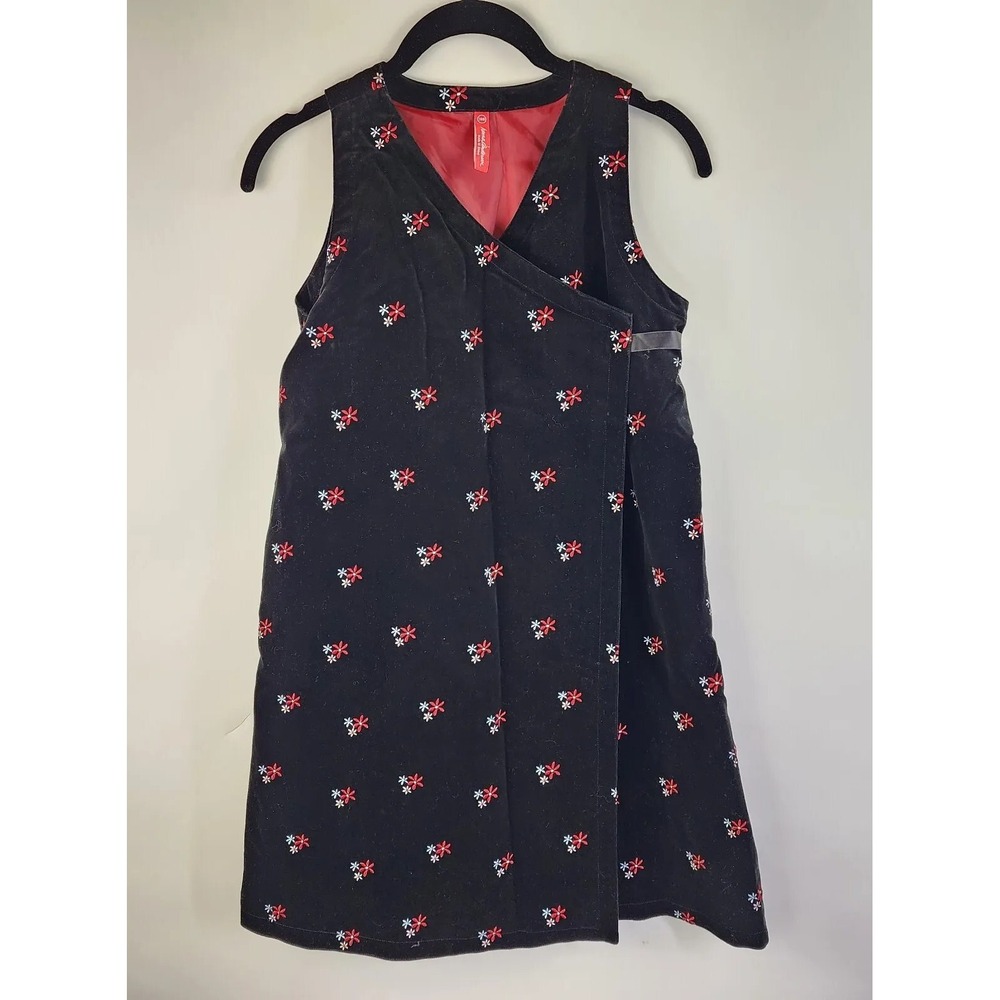 Hanna Andersson Dress Girls 140 Holiday  Velvet Black Poinsetta Wrap Front